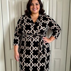 Lane Bryant Black and Cream Geometric Long Sleeve Dress